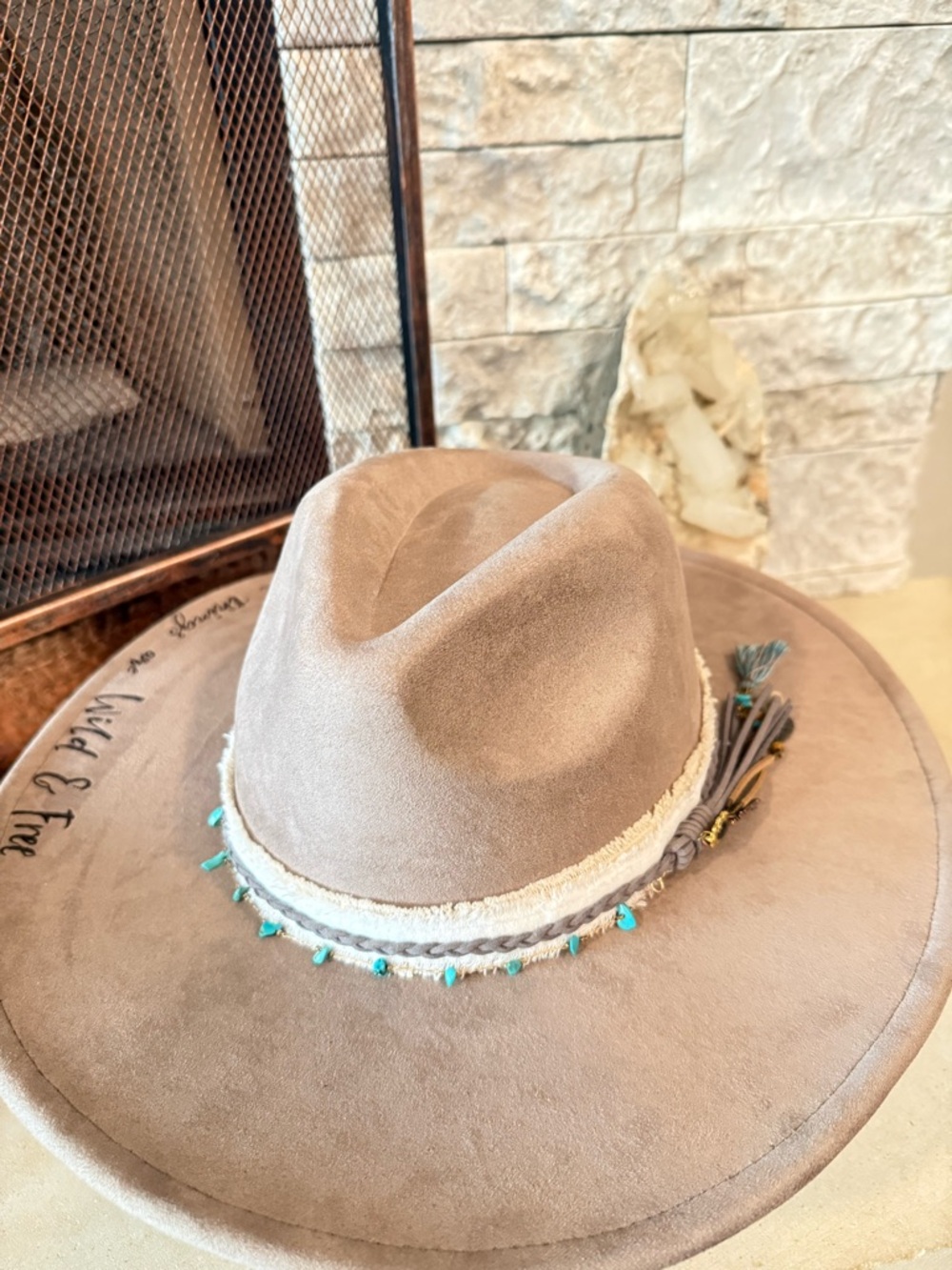 Taupe Wide-Brim Hand Burned Custom Felt Fedora with Turquoise Bead Trim